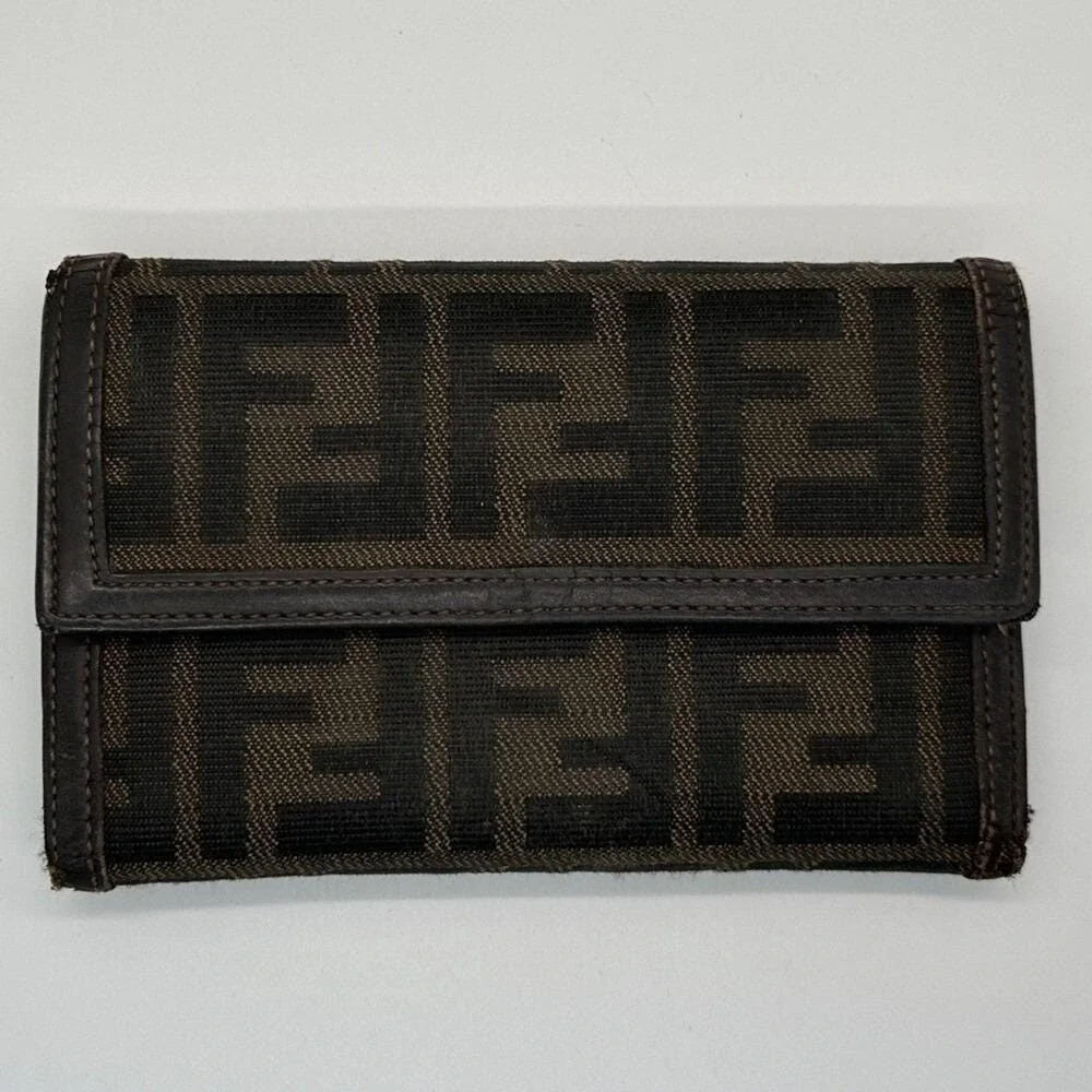 Fendi Zucca Print Canvas Leather Trim Bi Fold Wallet Brown Authentic Designer